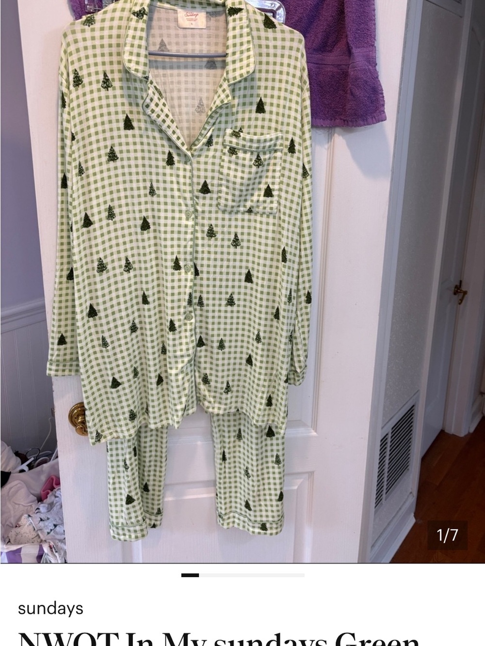 NWOT  Light Green Gingham Pajama Set with Dark Green Tree Print